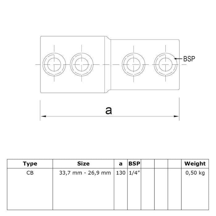 Zeichnung eines Rohrverbinders Verlängerung Stück, rund, Stahl, galvanisiert, Kombimaß Ø 26,9/33,7 mm 