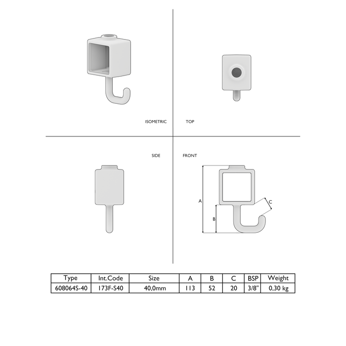 Technische Zeichnung rohrverbinder-vierkant-garderobenhaken-stahl-608064S-01