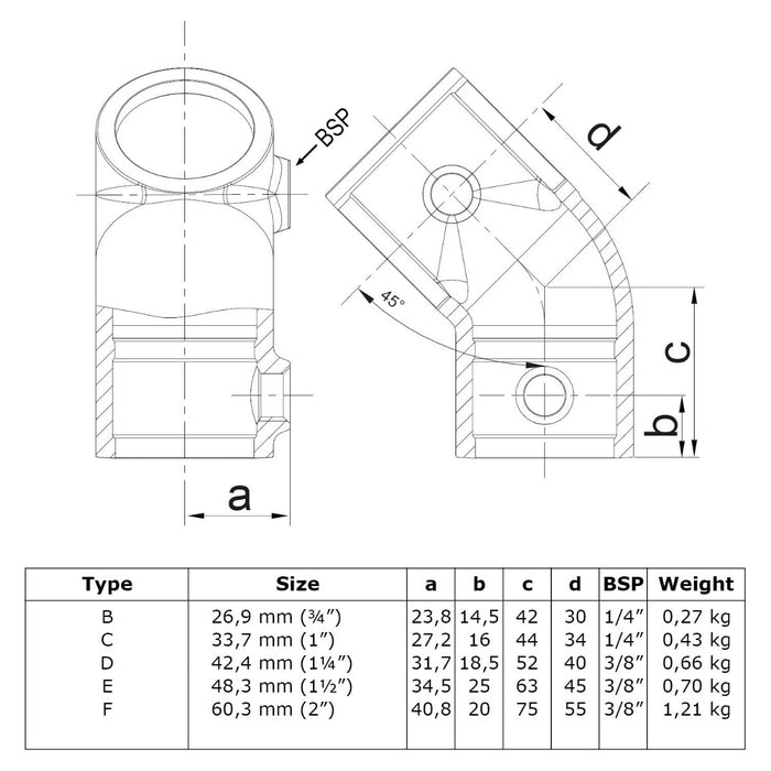 Rohrverbinder aus Stahl Kurzes T-Stück mit 45° Winkel Ø 33,7 mm
