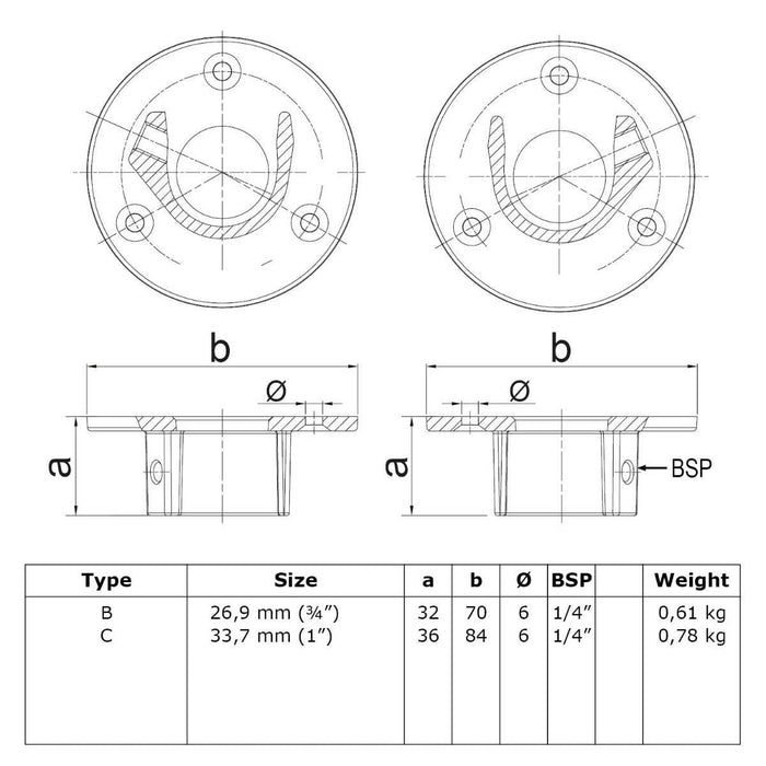 Zeichnung Set Fussplatte Gardinenstange Stahl 26,9 mm