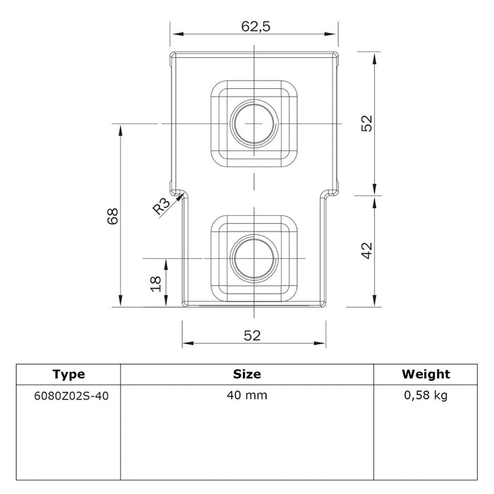 Zeichnung Rohrverbinder T-Stück kurz schwarz vierkant 40x40