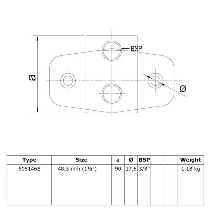 Zeichnung eines Rohrverbinders Wandhalter horizontal Ø 48,3 mm, aus Stahl galvanisiert, ohne Rohr
