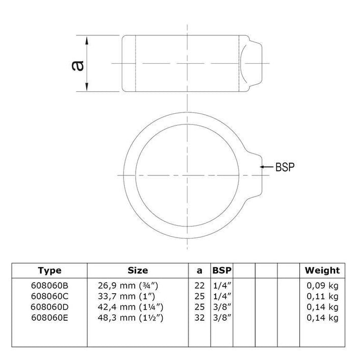 Zeichnung eines Rohrverbinders Befestigungsring einfach, aus Stahl galvanisiert, Ø 42,4 mm