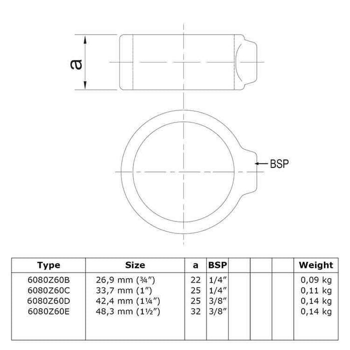 Zeichnung eines Rohrverbinders Stellring einfach schwarz Ø 48,3 mm, aus Stahl galvanisiert, ohne Rohr