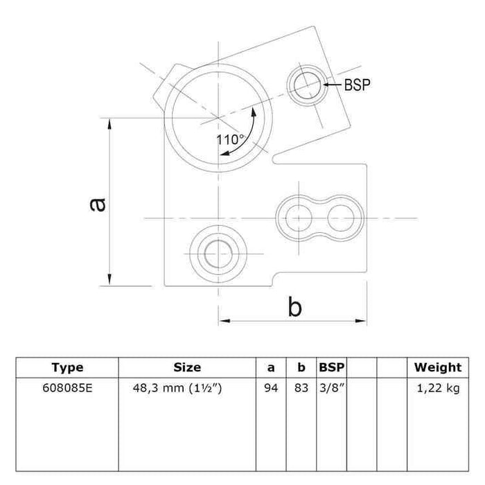Zeichnung eines Rohrverbinders Traufenbogen,  aus Stahl galvanisiert, Ø 48,3 mm