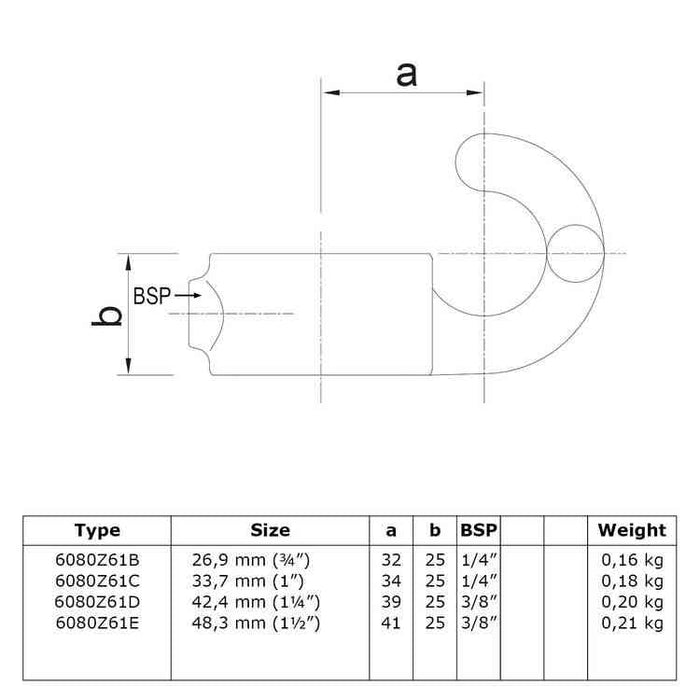 Zeichnung eines Rohrverbinders Stellring mit Haken schwarz Ø 42,4 mm, aus Stahl mit Pulverbeschichtung, ohne Rohr