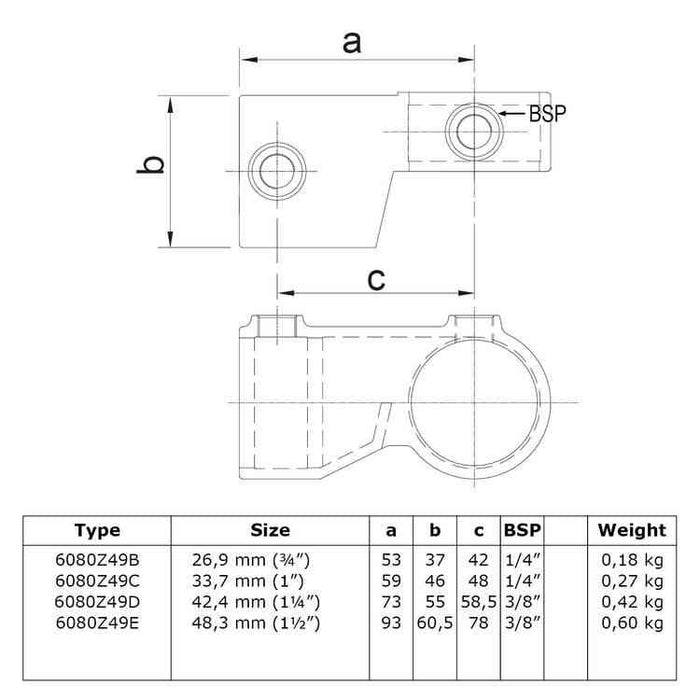 Zeichnung eines Rohrverbinders schwarz Winkelgelenk 90º-180º schwarz, aus Stahl mit Pulverbeschichtung, ohne Rohr Ø 48,3 mm