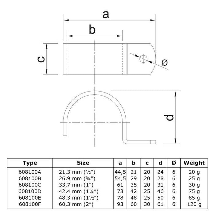 Zeichnung einer Rohrschelle Ø 48,3 mm, aus Stahl galvanisiert, ohne Rohr