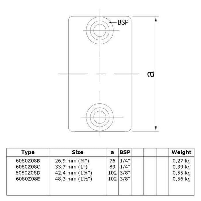 Zeichnung eines Rohrverbinders Verlängerungsstück außen, aus Stahl mit Pulverbeschichtung, ohne Rohr Ø 42,4 mm