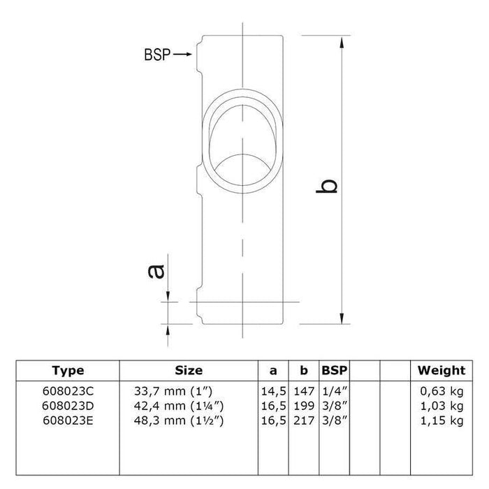 Zeichnung eines Rohrverbinders Kreuzstück, aus Stahl galvanisiert,  30-40° verstellbar, Ø 33,7 mm