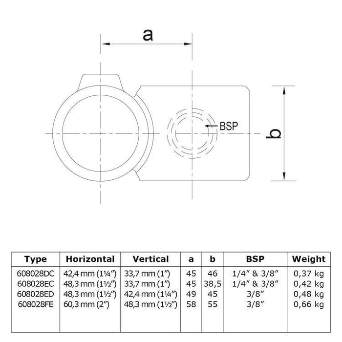 Zeichnung eines Rohrverbinders Überkreuz 90º, kombiniert Ø 42,4 & 48,3 mm, rund, aus Stahl galvanisiert