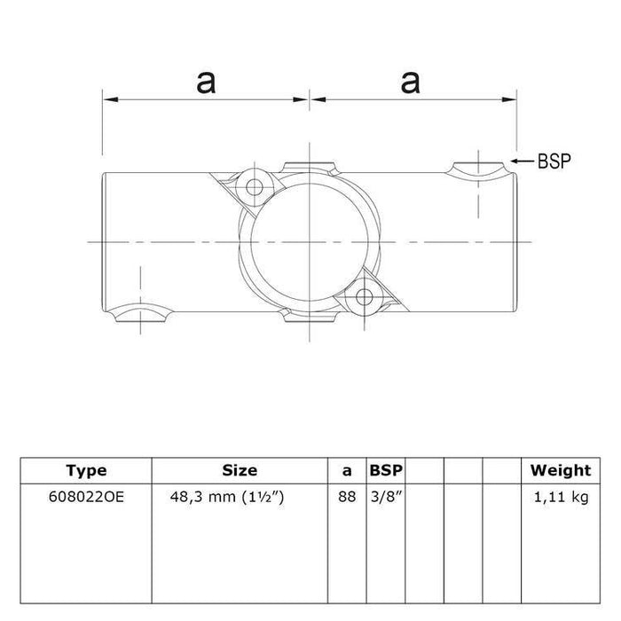 Zeichnung eines Rohrverbinders aus Stahl, Dreiwegverbinder offen klappbar Ø 48,3 mm