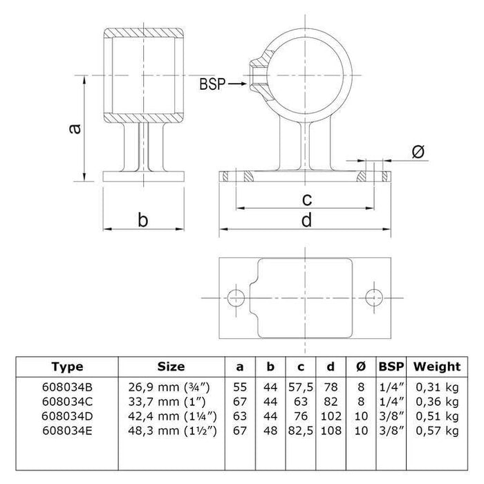 Zeichnung eines Rohrverbinders Handlaufhalterung, aus Stahl galvanisiert, Ø 33,7 mm