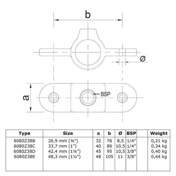 Zeichnung eines Rohrverbinders Ösenteil doppelt, schwarz, aus Stahl mit Pulverbeschichtung, mit Rohr  Ø 42,4 mm