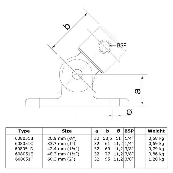 Zeichnung eines Rohrverbinders Gelenkfuß, aus Stahl galvanisiert, Ø 33,7 mm