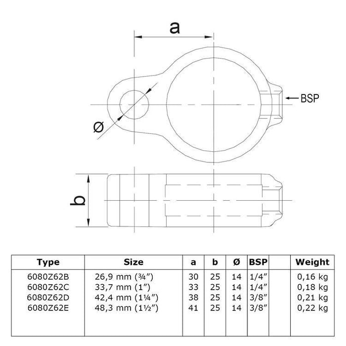 Zeichnung eines Rohrverbinders Stellringauge schwarz Ø 26,9 mm, aus Stahl mit Pulverbeschichtung, ohne Rohr