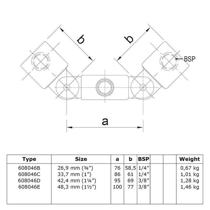 Zeichnung eines Rohrverbinders Gelenkstück doppelt, aus Stahl galvanisiert, Ø 33,7 mm