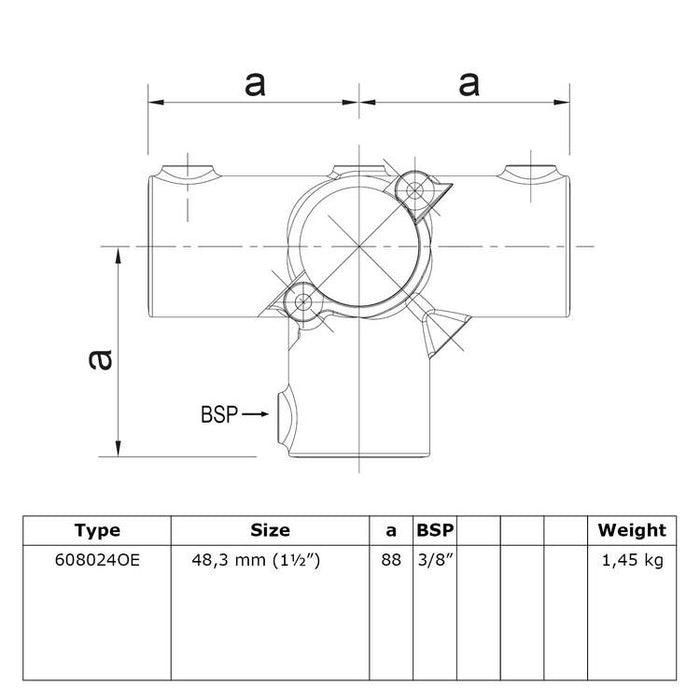 Rohrverbinder aus Stahl Offenes (Klappbares) T-Stück mit Seitenausgang Ø 48,3 mm