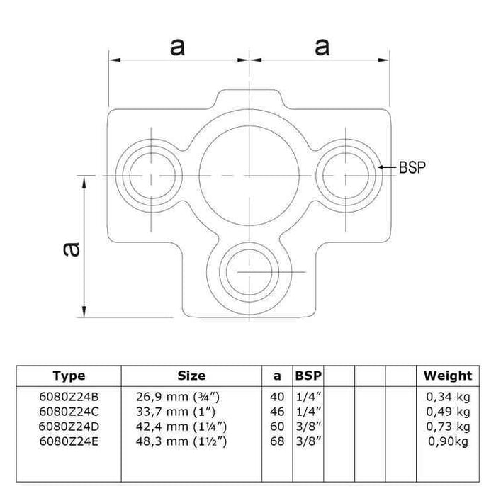 Zeichnung eines Rohrverbinders Dreiweg-T-Stück, aus Stahl galvanisiert, ohne Rohr Ø 42,4 mm