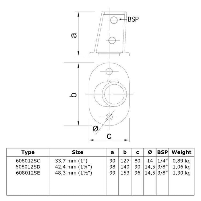 Rohrverbinder aus Stahl Fußplatte Oval Winkel 0 - 11º Ø 33,7 mm