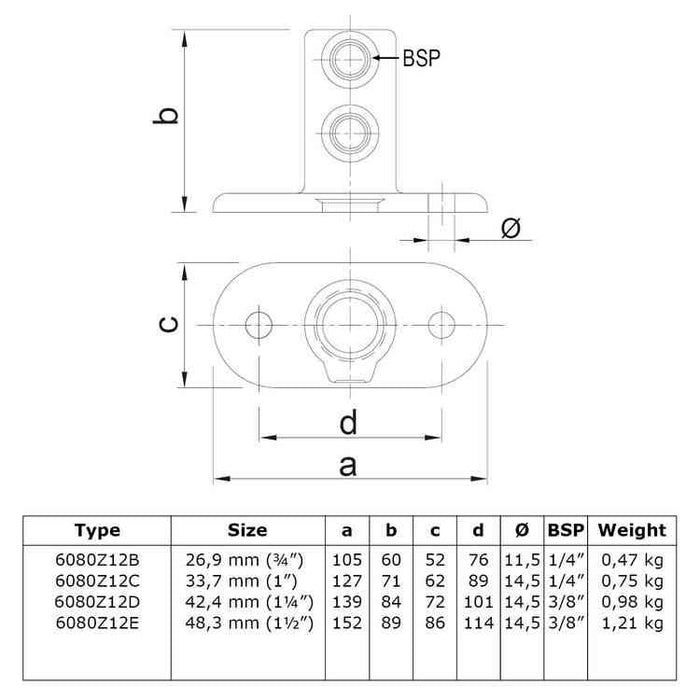 Rohrverbinder aus Stahl Schwarz Fußplatte, oval Ø 33,7 mm