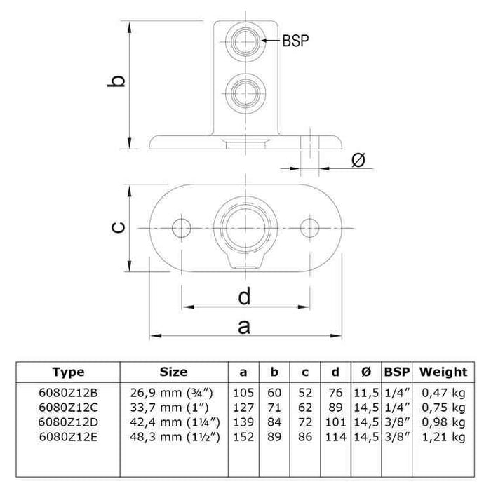 Rohrverbinder aus Stahl Schwarz Fußplatte, oval Ø 33,7 mm