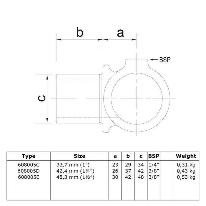 Zeichnung eines Rohrverbinders T-Stück, rund, innenseitig drehbar, Stahl, galvanisiert, 33,7 mm